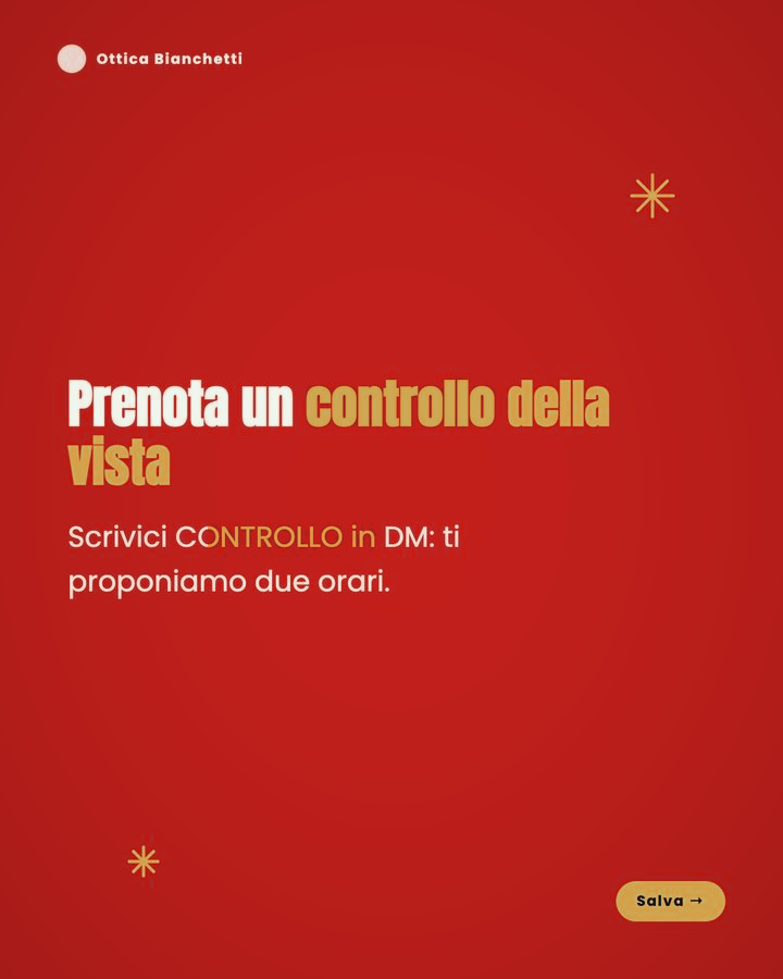 Prenota un controllo della vista. Scrivici CONTROLLO in DM: ti proponiamo due orari. Salva.